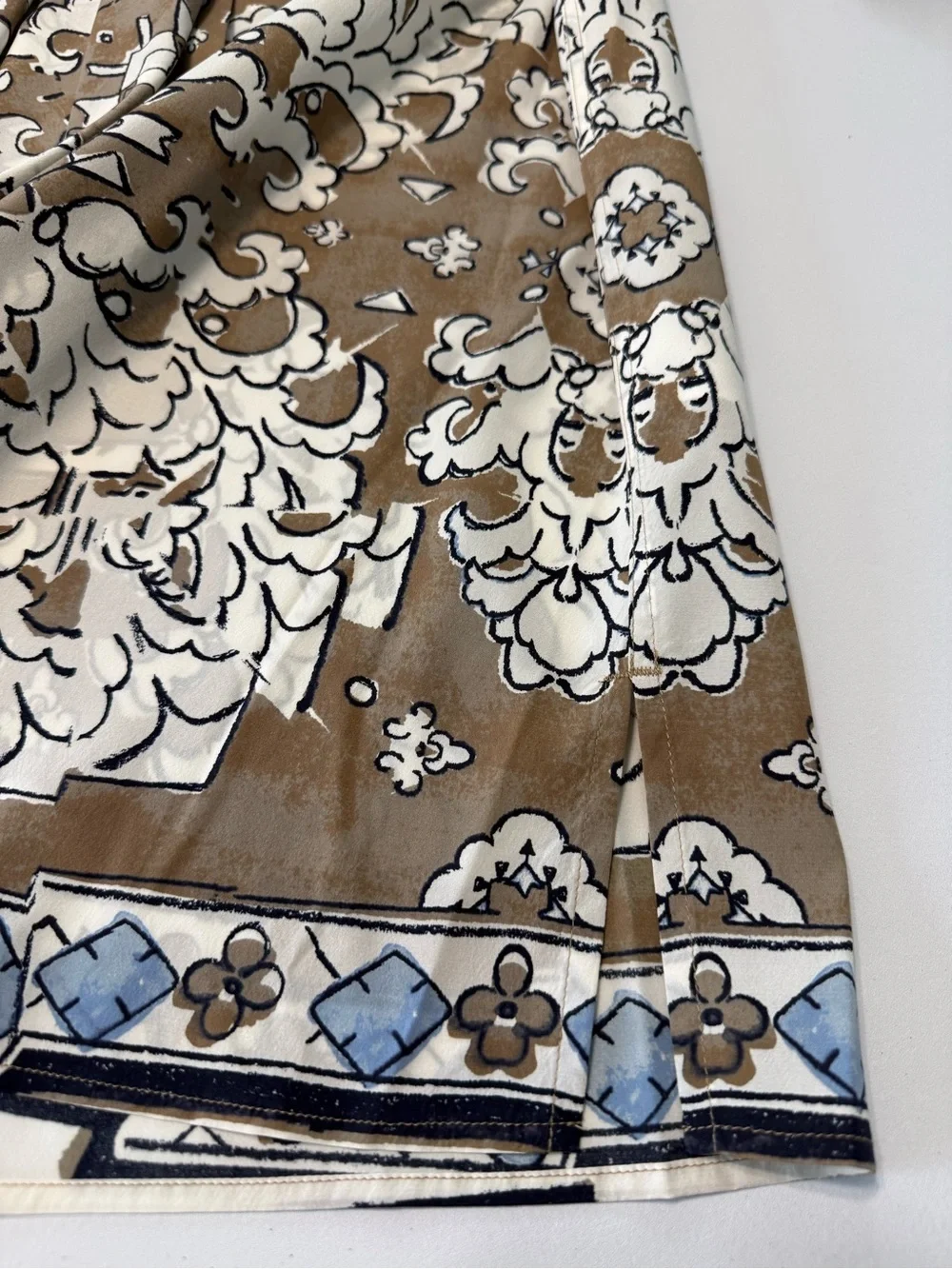 Tory Burch Silk Tie Neck Button Down Floral Tunic Blouse Taupe Cream Size 4